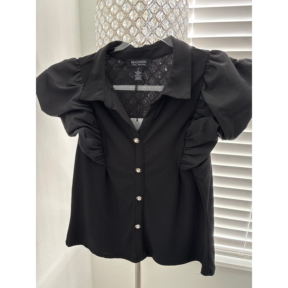 Pearl Button Black Ruffle Puff sleeve Blouse - Picture 4 of 14